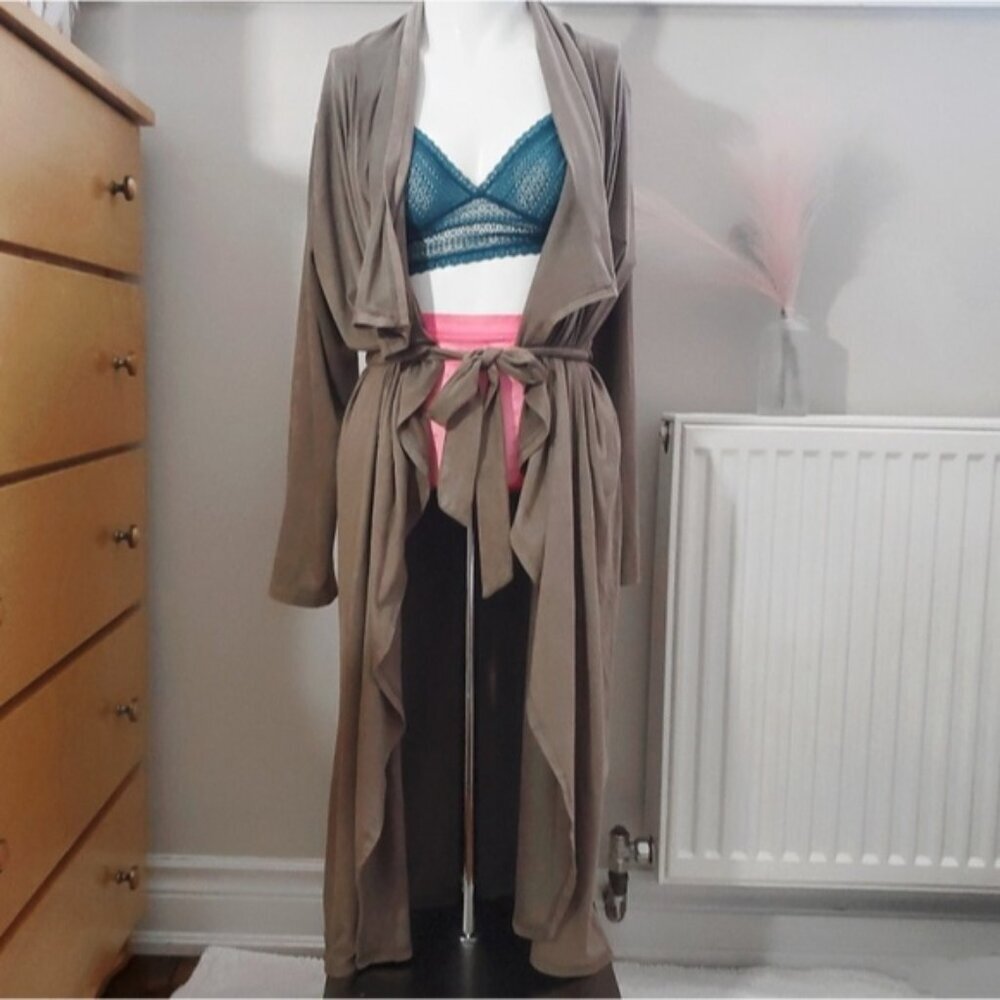 Vintage Y2K Super Soft Suedette Long Open Tie Waist Longline Trench Cardi